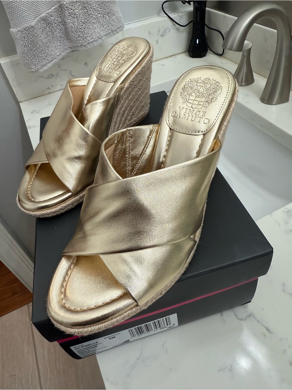 Vince Camuto Metallic Gold Crisscross Espadrille Wedges